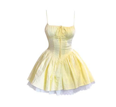 Yellow Spaghetti Strap Birthday Dress With Cinched Waist And Lace Trim A-line Princess Party Dress YM2412