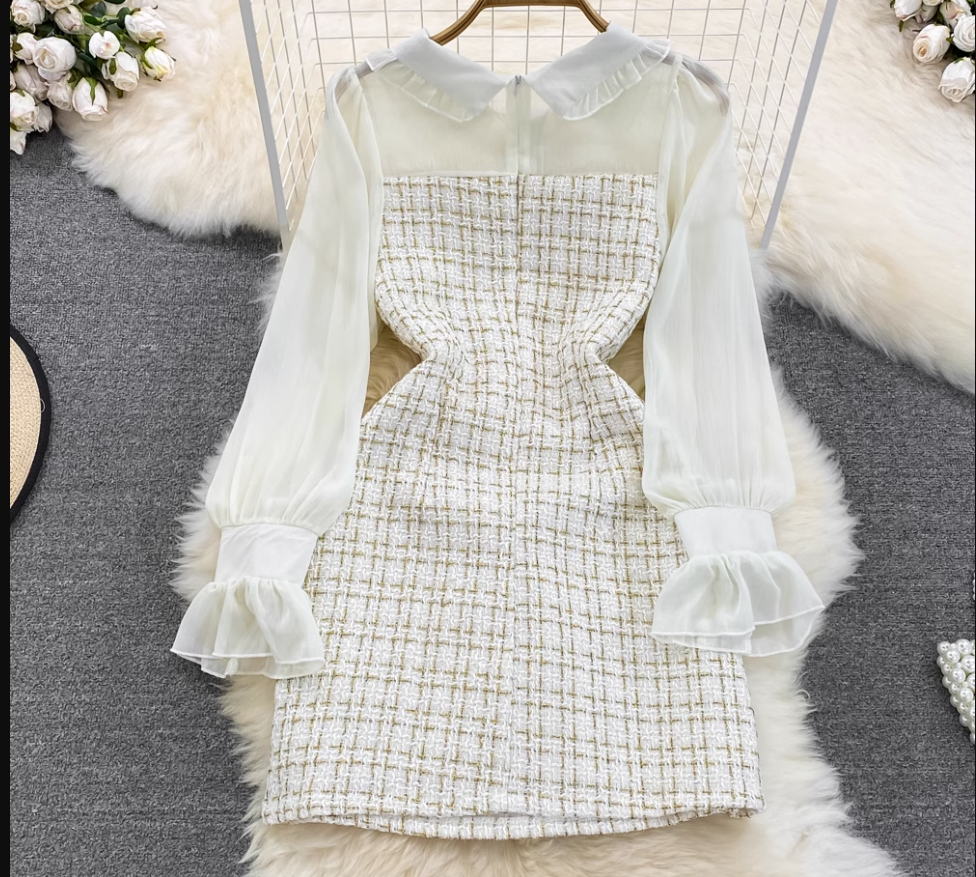 Stitching tweed waist A-line dress for women,vocation dress YM233, YM233