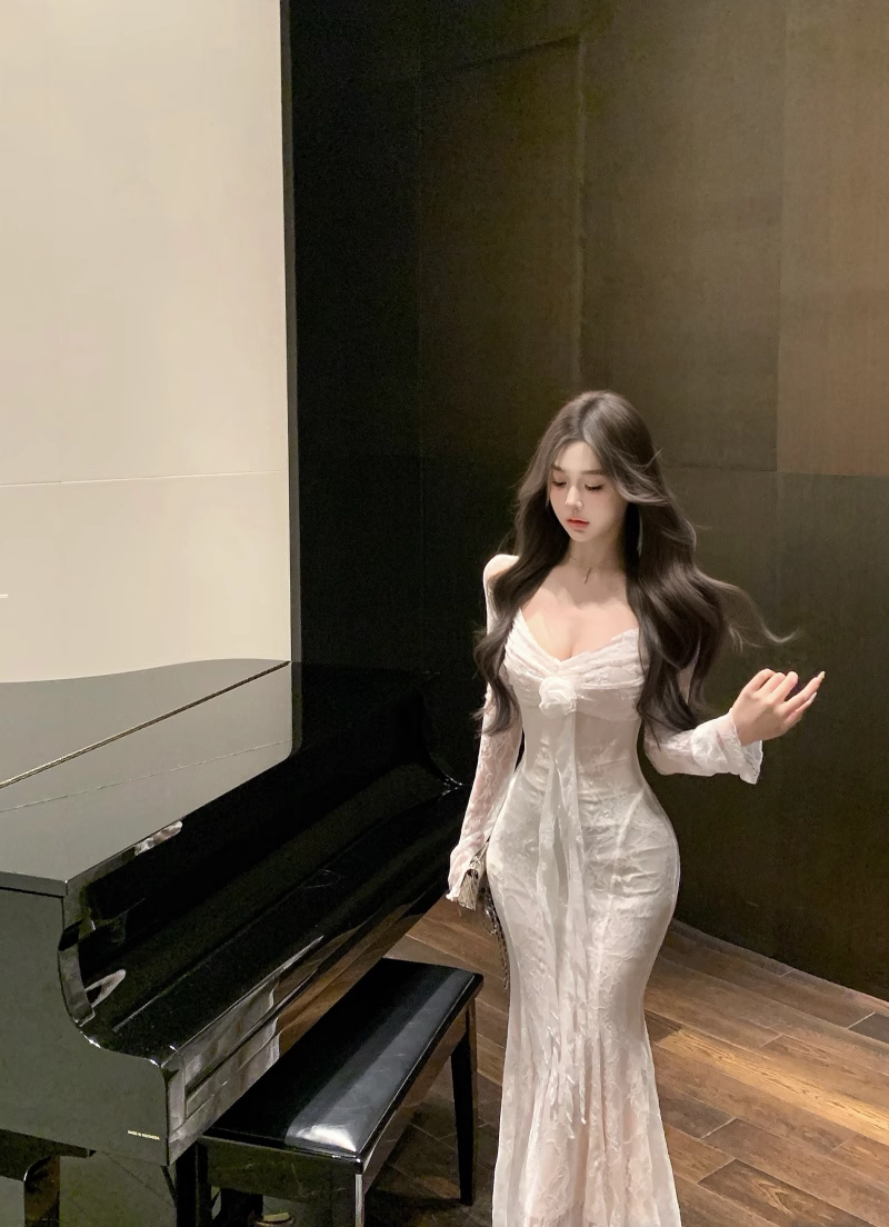 White Lace Splicing Dress Women's Long Mermaid Dress YM1816