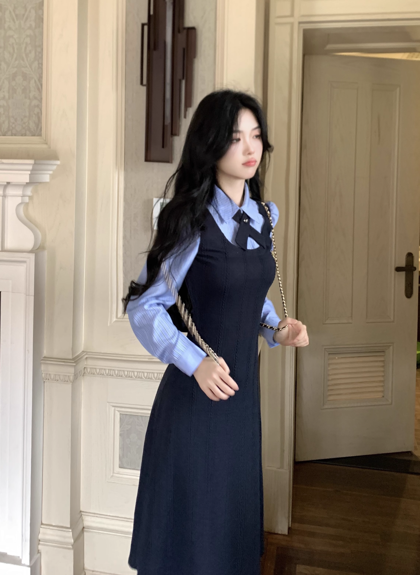 College Style Striped Shirt Fake Two Piece Dress Women's New YM2034