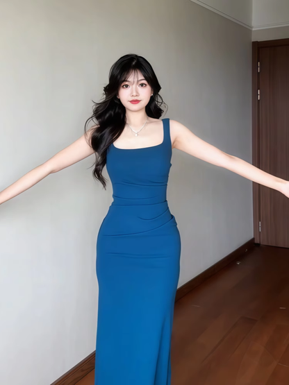 Pretty Square Blue Sheath Long Holiday Dress Vacation Dress YM2148