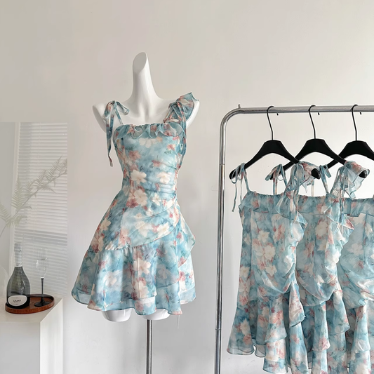 Spaghetti Straps Irregular Ruffles Short Holiday Dress YM2079
