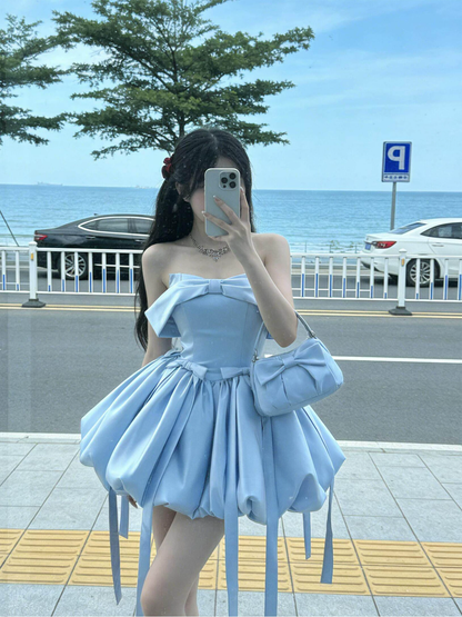 Blue Strapless Short Vacation Dress,Bow A Line Mini Princess Birthday Dress YM2463