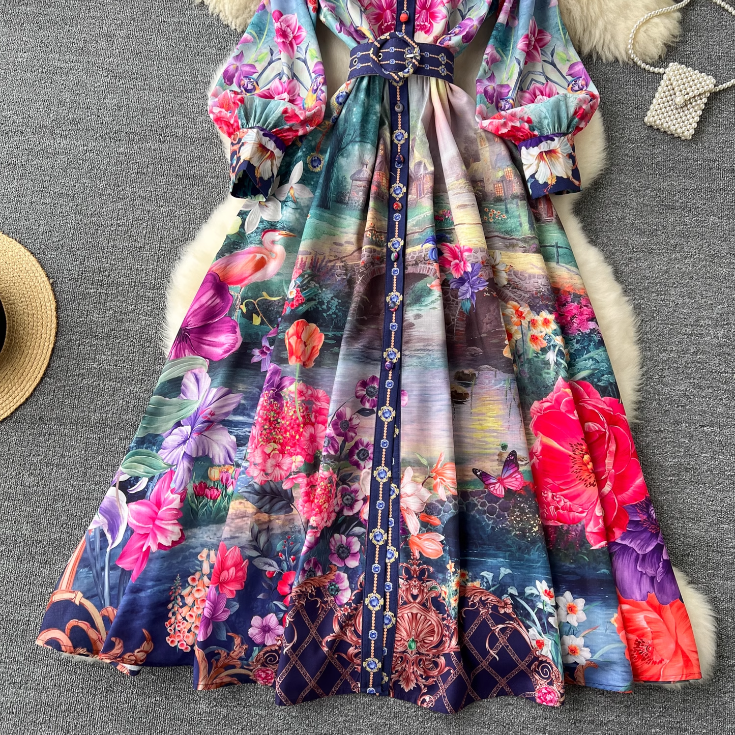 Retro French mid-length lantern long-sleeve printed dress YM1095