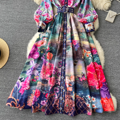 Retro French mid-length lantern long-sleeve printed dress YM1095