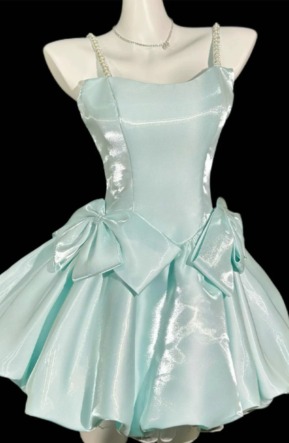 Pretty Mint Green Spaghetti Strap Satin Beaded A Line Short Birthday Dress Cocktail Dress YM2465