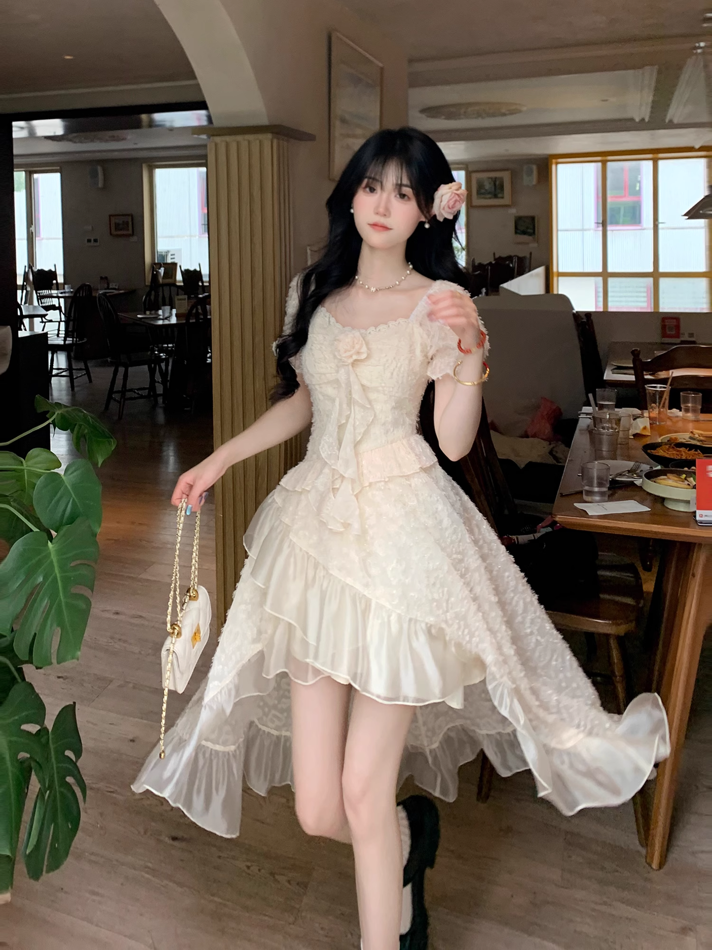Classy Apricot Tulle Flower Ruffles Long Prom Dress Party Dress YM2051