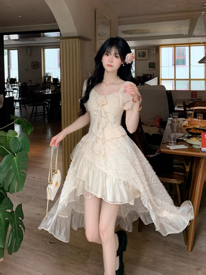 Classy Apricot Tulle Flower Ruffles Long Prom Dress Party Dress YM2051