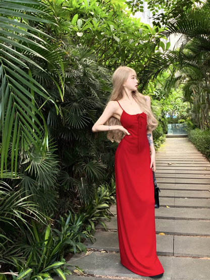 Sexy Straps Red Sheath Long Party Dress Birthday Outfits YM1825