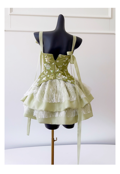 Green Spaghetti Straps Lace Satin Hoco Dress Temperament Birthday Dress YM2118