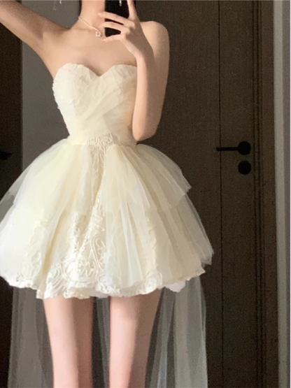 Apricot Birthday Mini Dress Tulle Splicing Dress New Style Strapless Dress Trailing Princess Tutu Short Dress YM2320