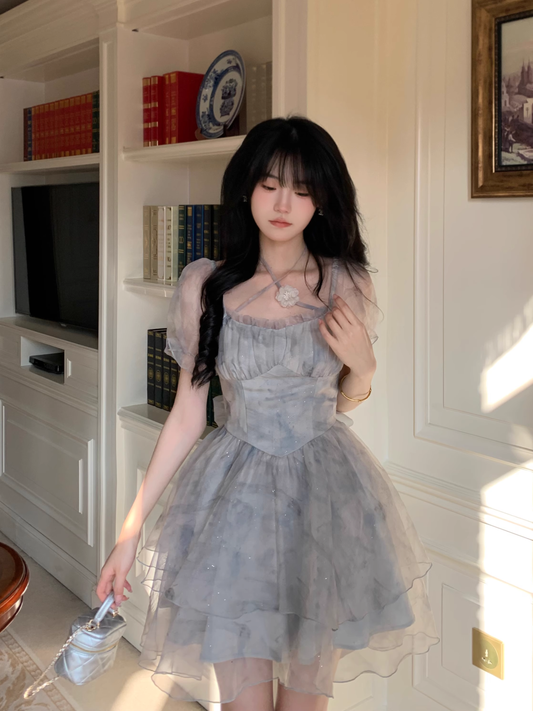 Sweet Green Princess Organza Splicing Tie Waist Printed Puffy Prom Dress Birthday Party Dress YM2047