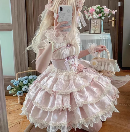 Cute Pink Ballet Lolita Skirt Short Birthday Party Evening Dress YM2159
