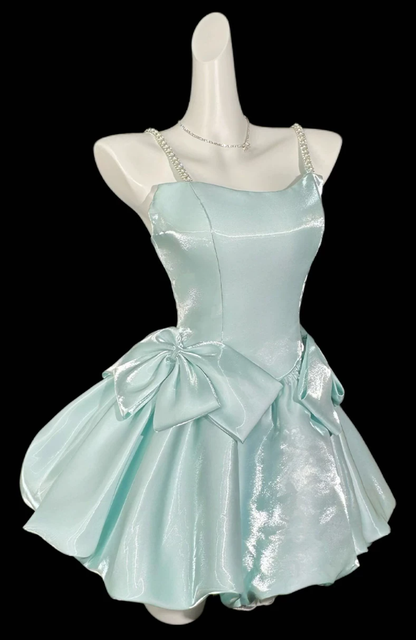 Pretty Mint Green Spaghetti Strap Satin Beaded A Line Short Birthday Dress Cocktail Dress YM2465