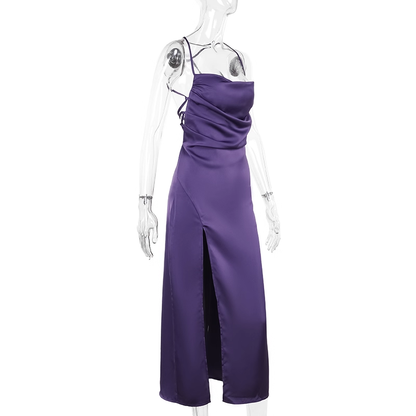 Sexy Purple Satin Birthday Dress High-end Straps Sheath Long Holiday Dress YM2267
