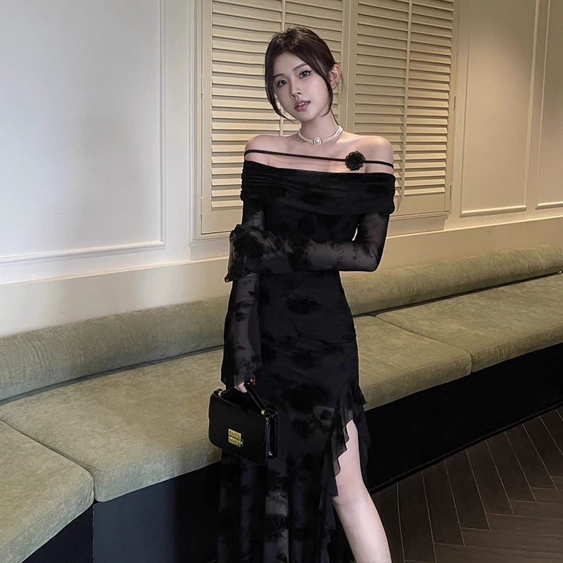 Charming Off The Shoulder Black Side Slit Long Holiday Dress Birthday Dress YM2220