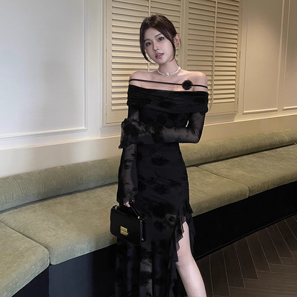 Charming Off The Shoulder Black Side Slit Long Holiday Dress Birthday Dress YM2220