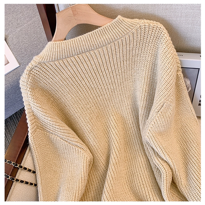 Khaki V-Neck Knitted Sweater Women's Autumn Fashionable Loose Versatile Casual Top YM2294