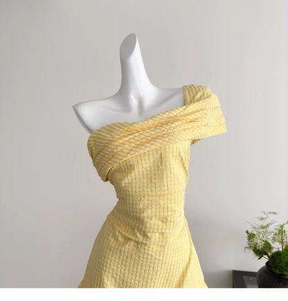 Yellow Off-shoulder Sweet Petite Short Flower Bud A-Line Dress YM2095