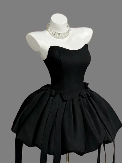 Fashion Strapless Black Satin Bow A Line Short Birthday Dress Cocktail Dress YM2464