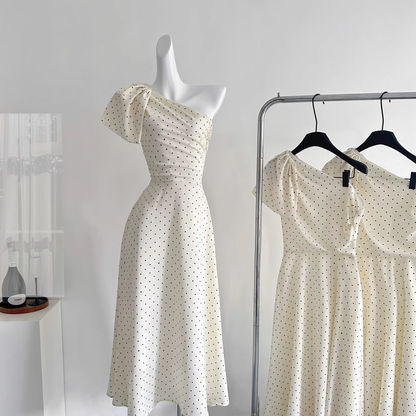 French Off-shoulder Design High-end White Polka Dot Temperament Long Dress YM2094