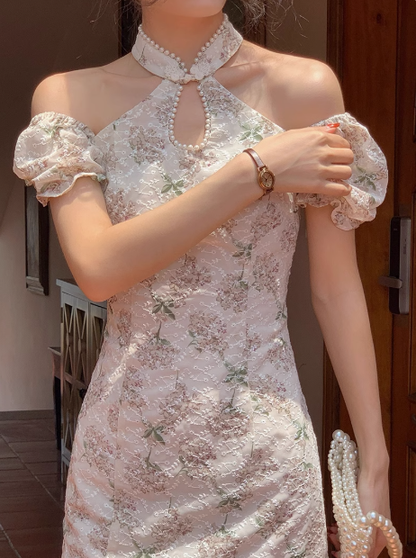 Cheongsam embroidered dress sweet tea break halter neck long prom dress YM1962