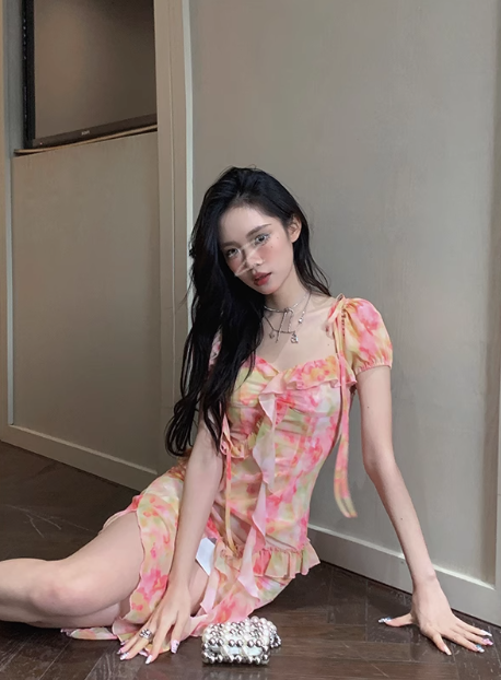 Pretty Spaghetti Straps Chiffon Print Floral Ruffle Party Dress Beach Dress YM2017