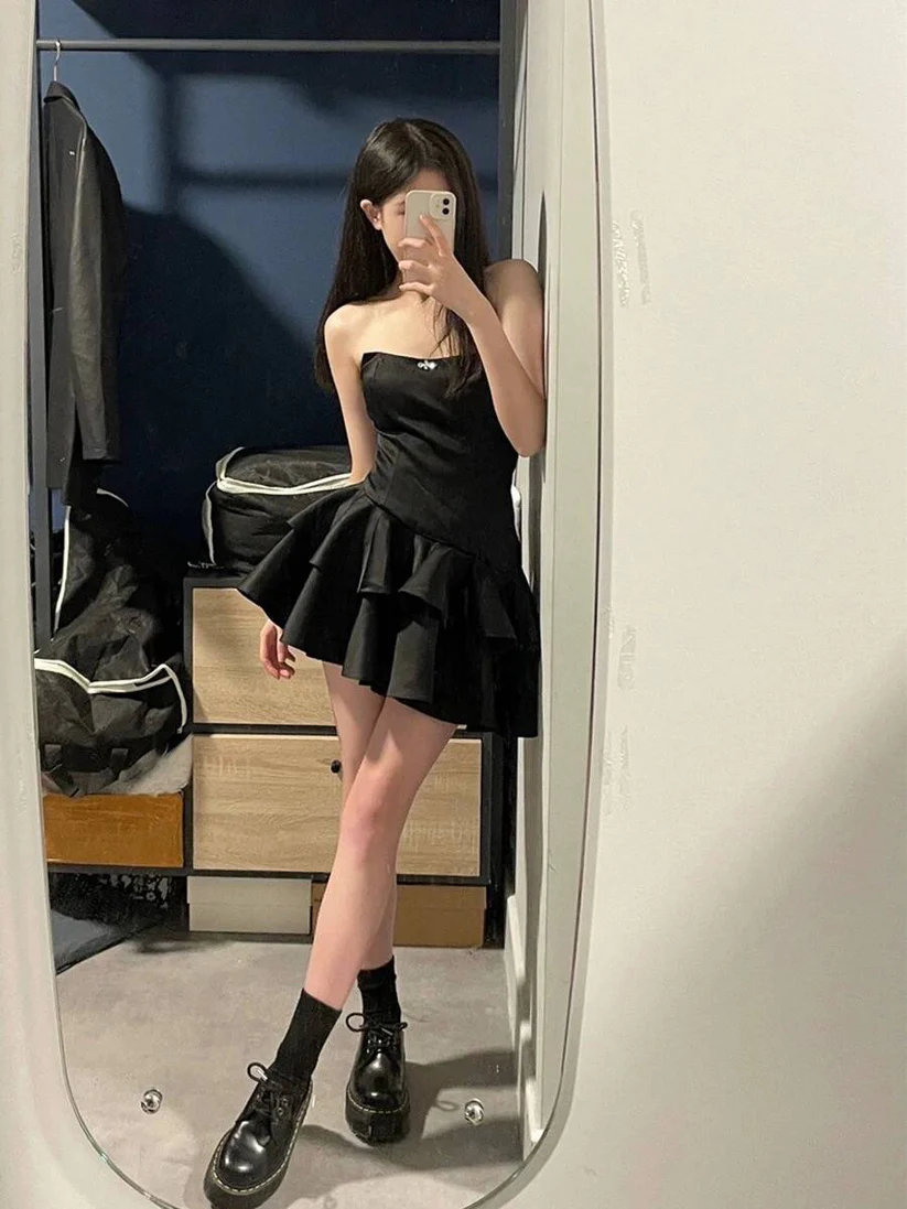 women's black irregular puffy short dress YM728