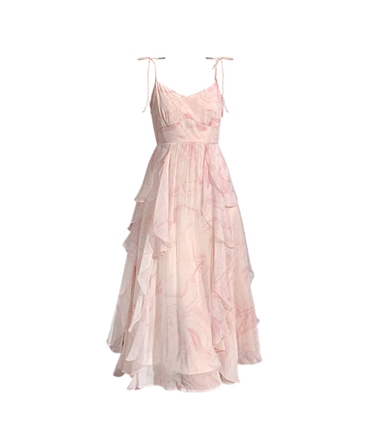 Pink Suspender Holiday Dress Ruffle Fairy Seaside Vacation Dress YM2327