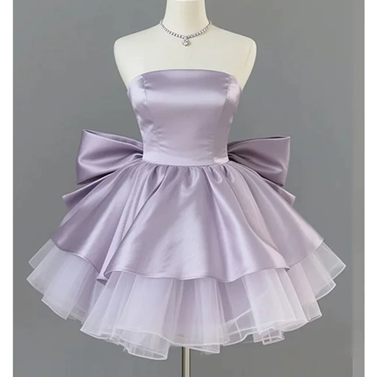Sweet Purple Strapless Satin Tulle A Line Short Birthday Dress With Bow YM2460