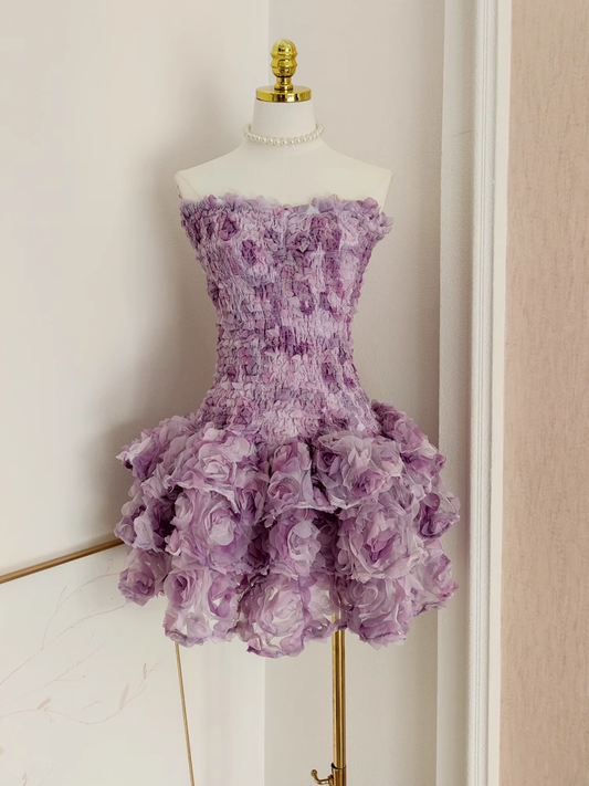 Chic Tulle Three-dimensional Flower Ruffled Party Dress Purple Birthday Outfits YM2096