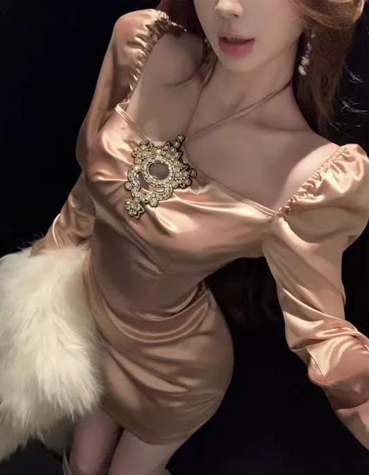 Sexy One-shoulder Halter Neck Diamond-studded Satin Short Birthday Dress Vacation Dress YM2335