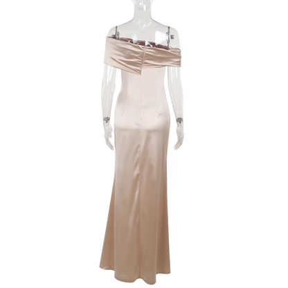 Classy Champagne Off The Shoulder Birthday Party Dress Satin Slit Long Holiday Dress YM2233