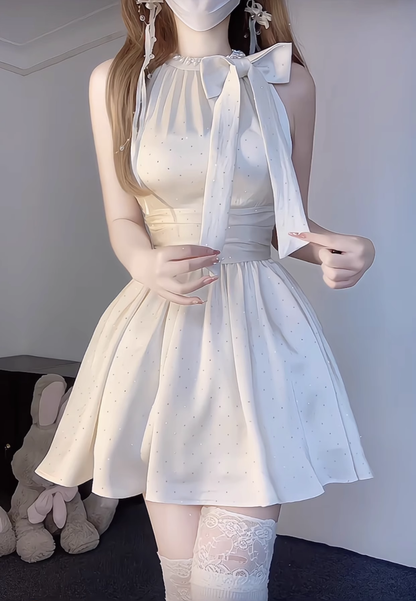 Glitter Bow Halter Neck A Line Holiday Birthday Dress YM2126