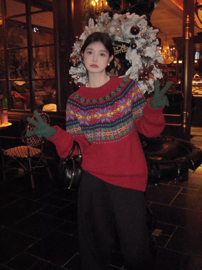 Fair Isle Red Sweater, Thick And Loose Knitwear, Christmas And New Year Sweater YM2419