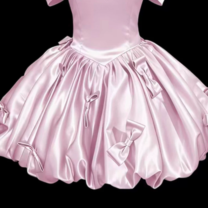 Cute Pink Satin Bow Off The Shoulder Short Birthday Dress Cocktail Dress YM2461