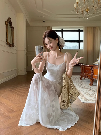 Jacquard Suspender Dress Summer White Seaside Holiday Dress YM2113