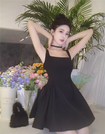 Simple Black Square Neck A Line Holiday Dress Mini Party Dress YM2128