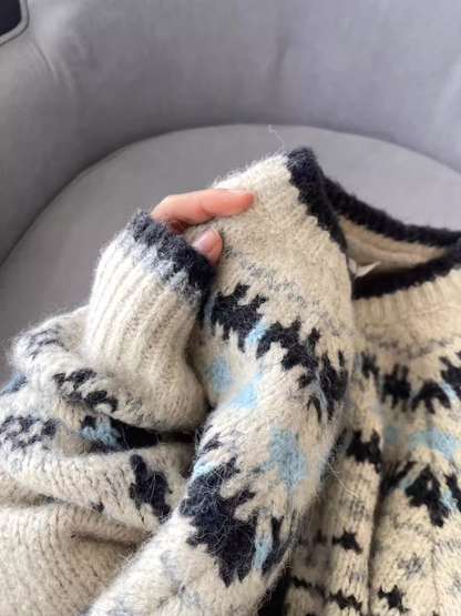 Retro Jacquard Round Neck Knit Cardigan Sweater Coat YM2401