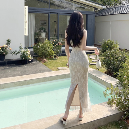 Sexy Black Lace Suspender Holiday Dress Sheath Mermaid Long Birthday Dress YM2258