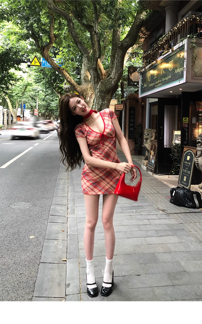 Red Sheath Plaid Hottie Dress,Sexy Mini Party Birthday Dress YM1993