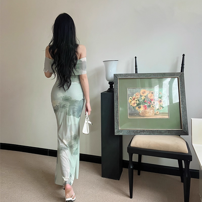 Green Printed Floral One-Shoulder Vacation Dress Sexy Seaside Long Holiday Dress YM2279