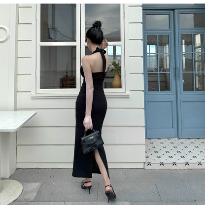 Black Halter Neck Holiday Dress New French Sheath Long Vacation Dress YM2270