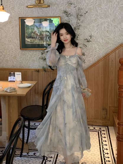 Blue Chiffon Butterfly Gold Foil Ruffle Long Sleeve Party Dress YM2025