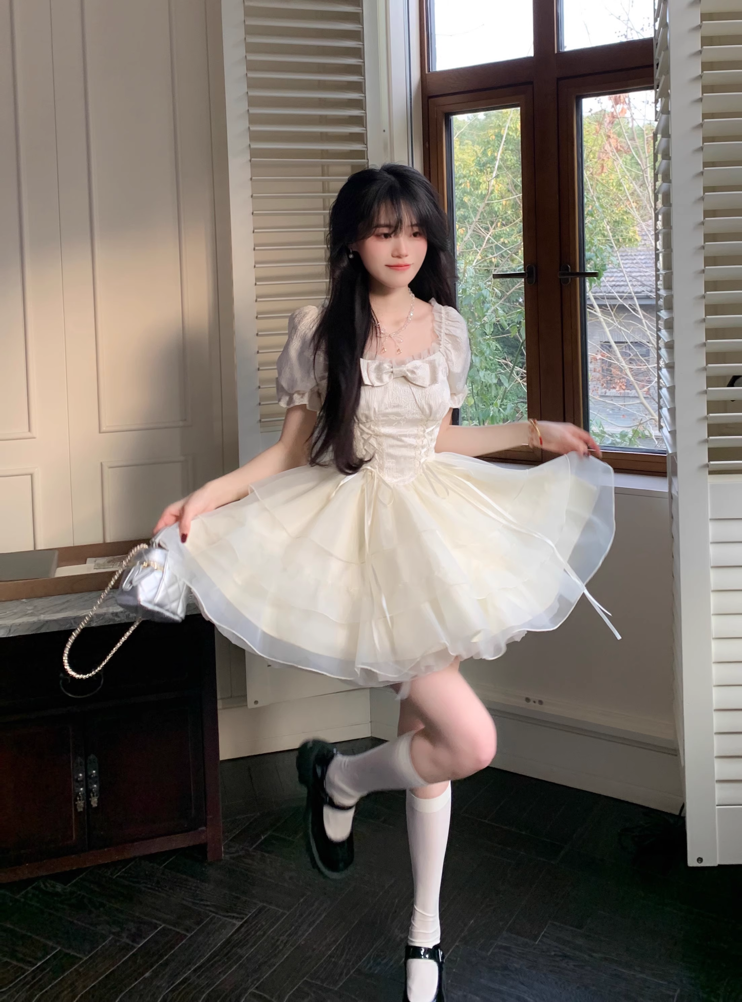 Sweet Apricot Princess Style Bowknot Organza Short Dress Puff Birthday Party Dress YM2031