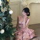 Pink Spaghetti Strasp Satin Layered Birthday Outfits Short Prom Dress YM1983