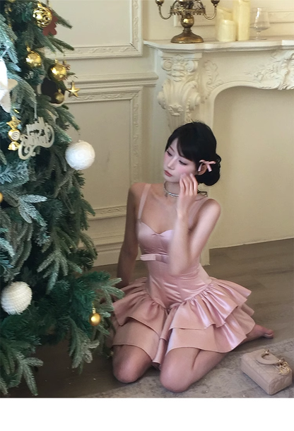 Pink Spaghetti Strasp Satin Layered Birthday Outfits Short Prom Dress YM1983