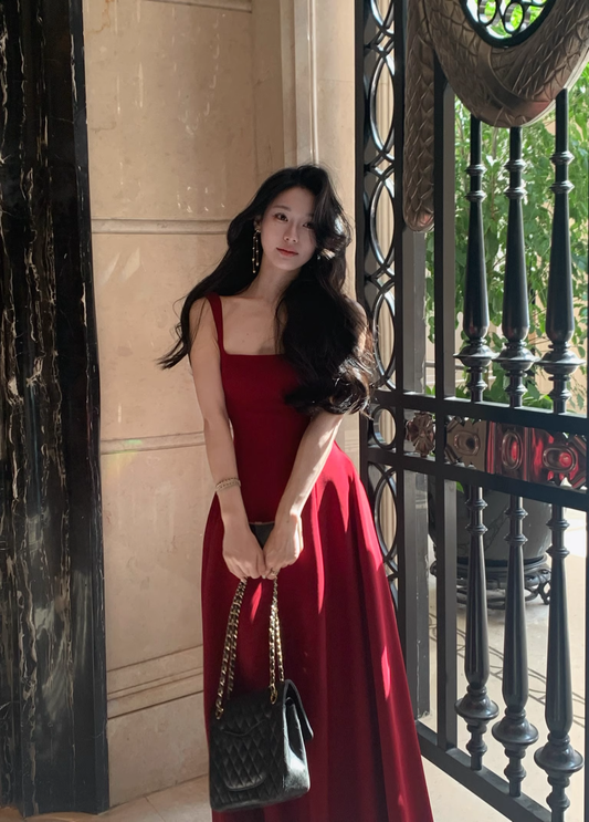 Red U-Neck Suspender Birthday Dress Long A Line Party Dress  YM2055