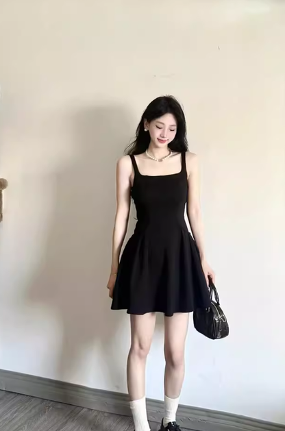 Simple Square Neck Black A Line Short Birthday Dress Vacation Dress YM2121
