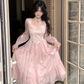 Pink French Square Neck Long Dress Fairy Glossy  Party Dress Prom Dress YM2027